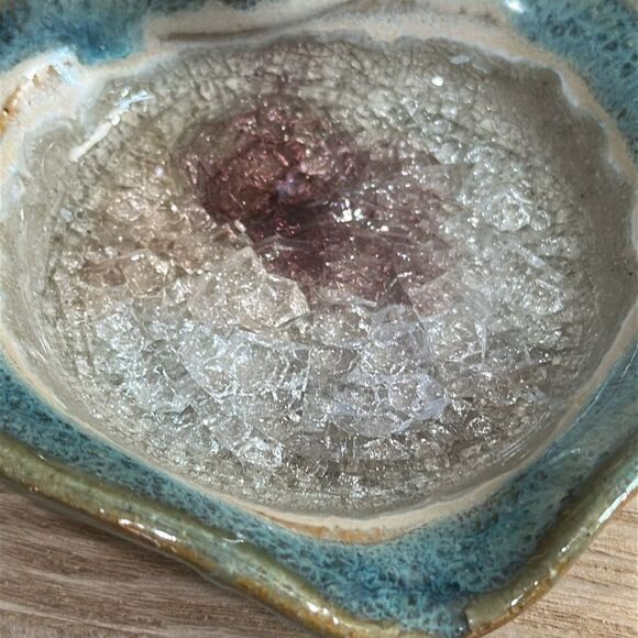 Stoneware Crackle Glass Pottery Catch All Vintage Trinket Jewelry Ring Dish - Picture 9 of 17